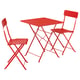 Bright red, foldable outdoor table with two matching chairs. Ideal for small spaces, metal frame, square top.