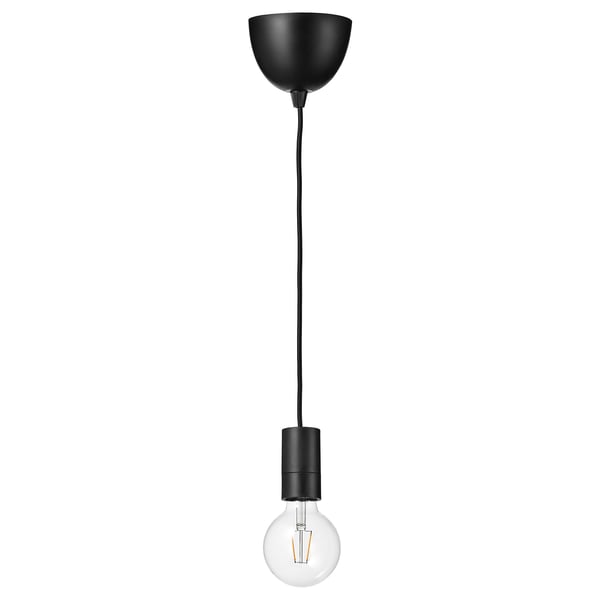 SUNNEBY black pendant lamp with clear bulb.