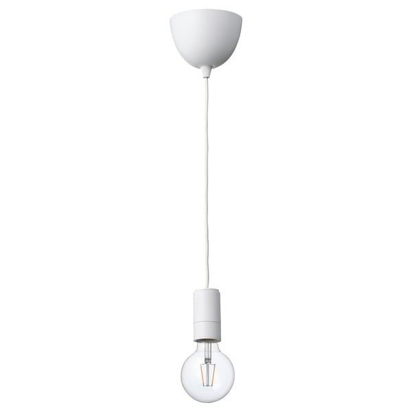 A hanging lamp named SUNNEBY in white. It has a minimalist design with a white textile cord, an led bulb, and a clear glass shade.