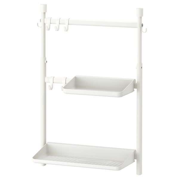 The white SUNNERSTA wall-mounted storage rack two shelves, hooks, and a minimalist design.