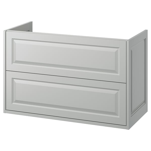 White TÄNNFORSEN bathroom cabinet with bevelled edges, featuring two drawers, wall-mountable, light grey colour.