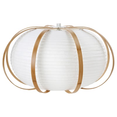 Depicts a TAGGTOFS white pendant lamp with bamboo ribs and a rice paper shade, featuring a modern floating design.