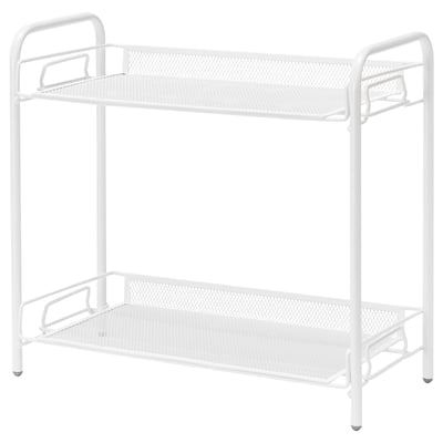 A white TEVALEN metal storage rack with two mesh shelves, designed for bathrooms or kitchens. It a sturdy frame and open shelves for easy access.