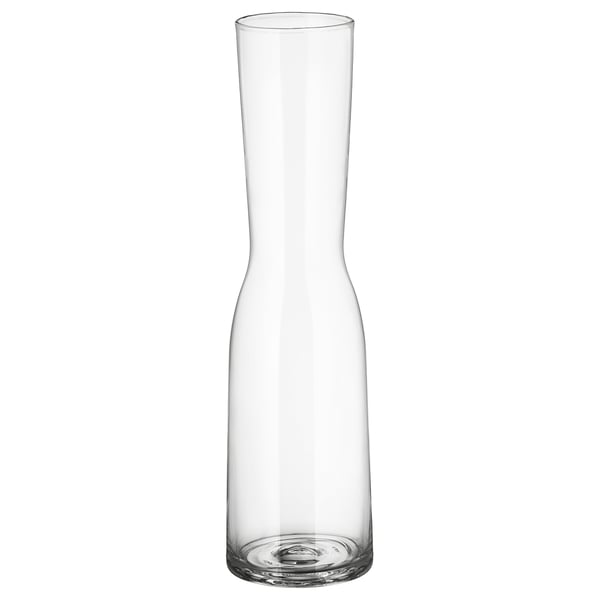 TIDVATTEN clear glass vase. Mouth-blown, sleek, tall, cylindrical shape with narrow neck.