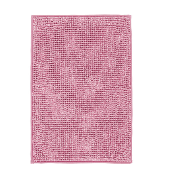 Pink rectangular bath mat with bumpy texture, ultra-soft microfiber material.