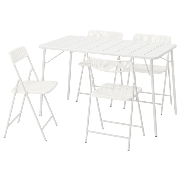 TORPARÖ set: square white outdoor table, three matching chairs. Steel and plastic, modern, folded design.