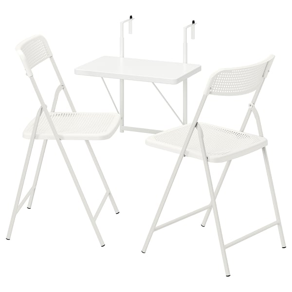 Caption: TORPARÖ set, white. Foldable outdoor table and chairs, minimalist design.