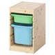 TROFAST organiser with green and blue bins in light wood frame.