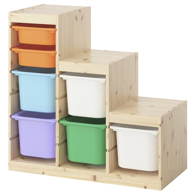 TROFAST wooden storage with colourful plastic bins for kids toys, natural wood colour.