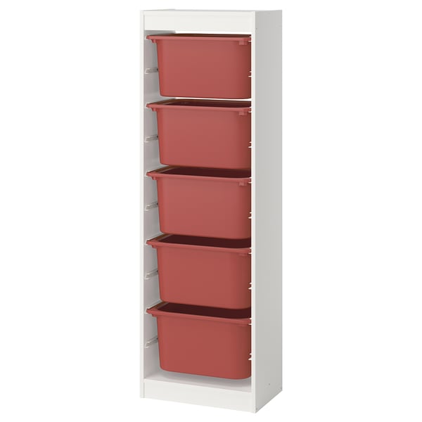 A TROFAST storage unit with five red plastic bins in a white wooden frame. It is designed for organising and storing items efficiently.