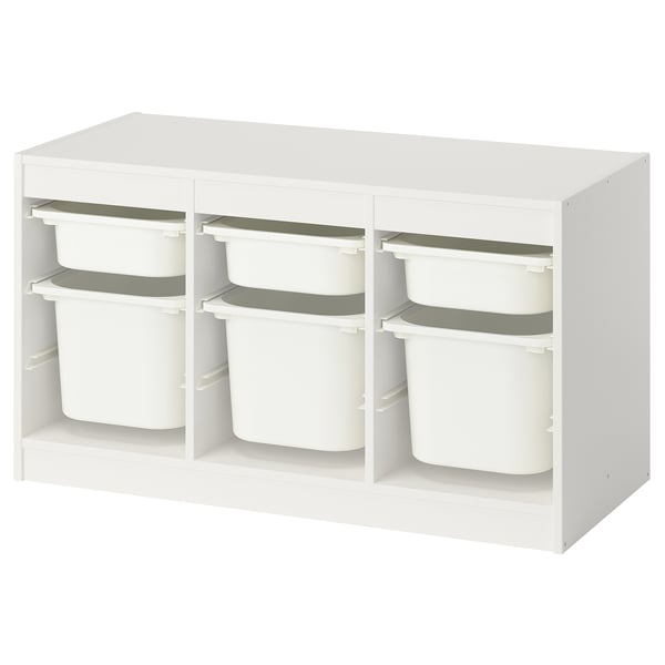 TROFAST storage unit, white, rectangular, open shelves, six plastic white bins, adjustable.