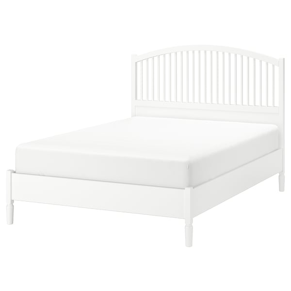 A white TYSSEDAL bed frame, simple and neat with a high headboard and carved legs.