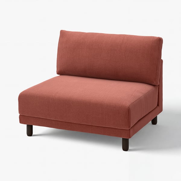 UPPÅKRA: red corner sofa, fabric, wooden legs, modern, angled back.