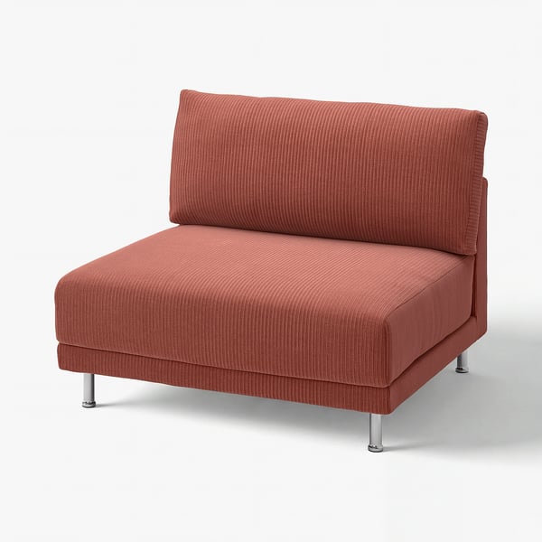 An UPPÅKRA sofa module in reddish-orange fabric with polished metal legs, designed for comfortable and stylish seating.