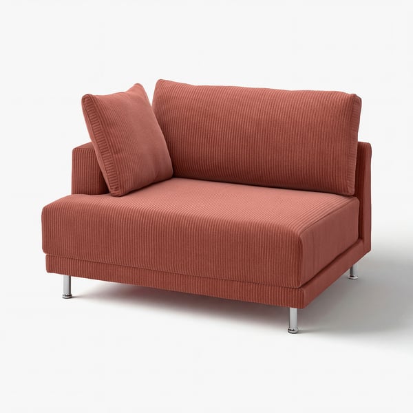 UPPÅKRA red-orange sofa, modern design with soft curves, raised legs, and striped fabric.