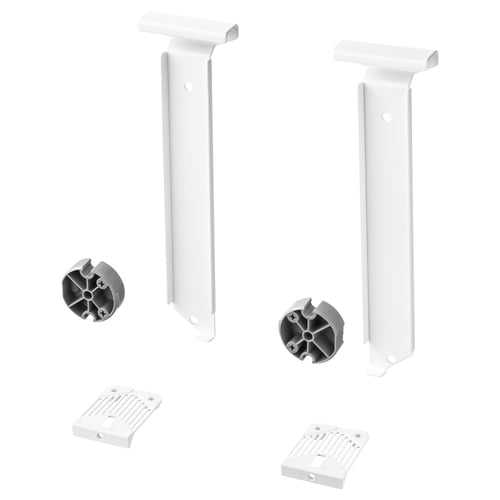 Two white UTRUSTA brackets with mount hardware. These plastic and steel components are designed to attach cabinet doors to high drawers.