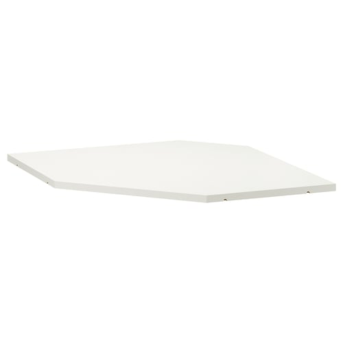 A white UTRUSTA shelf, rectangular, made of melamine with a sturdy frame, designed for corner cabinets.