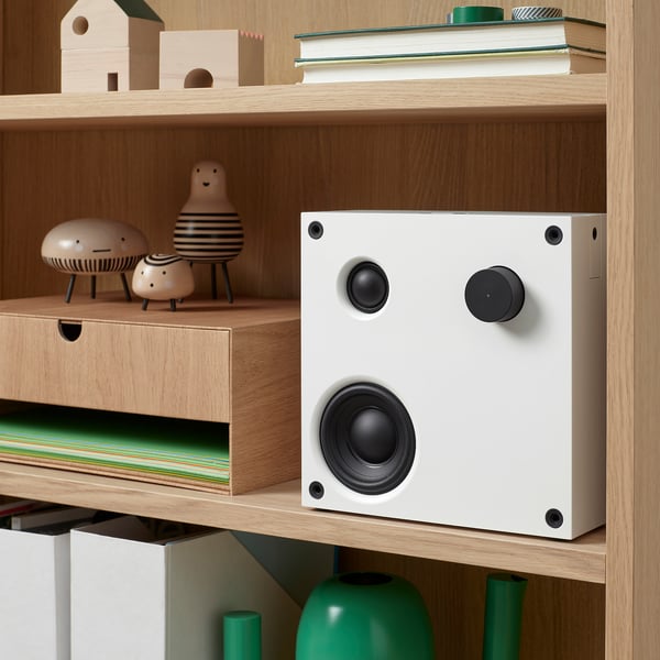Wooden shelf with white speaker, knobs, decorative figures, books, and vases.