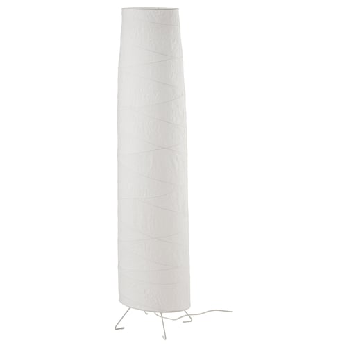 Depicts a white VICKLEBY floor lamp with a handmade rice paper shade. It has a sleek, slender design with metal legs, emitting a soft, ambient light.
