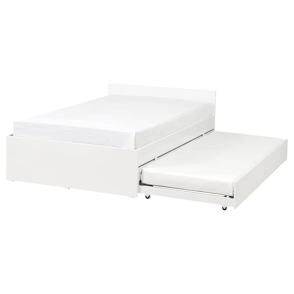 White VIHALS bed frame with trundle; modern, minimalist design. Wood and plastic materials, rectangle shape.