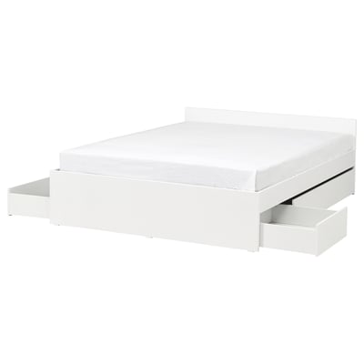 VIHALS white bed frame with sleek design, four drawer storage, sturdy wooden structure.