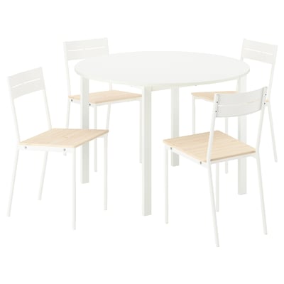 Image a white, round VIHALS dining set with four matching chairs. Minimalist design with wooden seats.