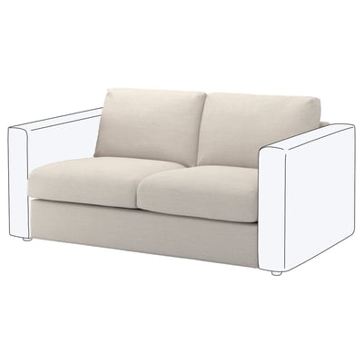 VIMLE sofa: light beige, fabric-covered with minimalist design. Streamlined shape with clean lines. Two cushioned seats and backrest.