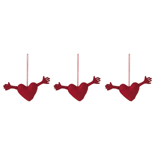 Three red hanging heart ornaments, each held by a pair of hands, made of polyester.