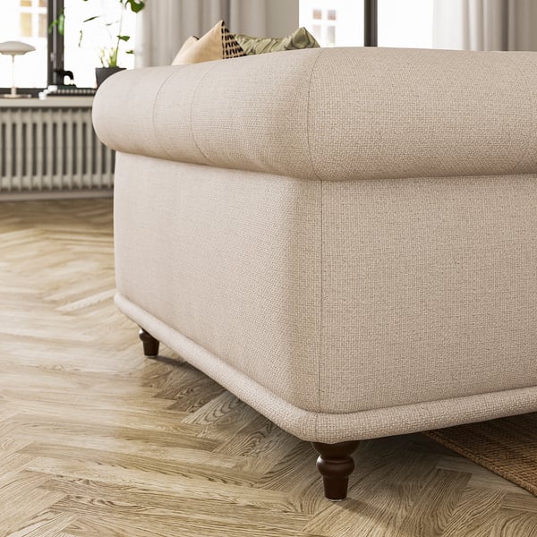 Light grey VISKAFORS sofa, classic design, soft rounded shape, wooden legs.