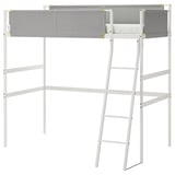 VITVAL white metal loft bed with grey fabric, yellow accents, safety rails, sturdy ladder for easy access.