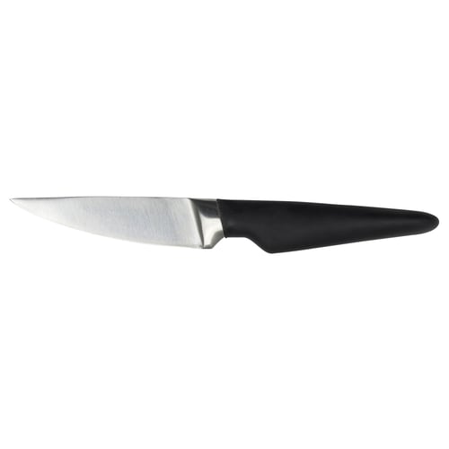 A black-handled stainless steel knife with a sleek design, perfect for fruit and vegetable prep.