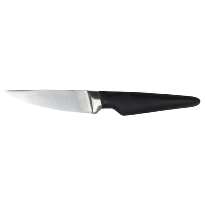 A black-handled stainless steel knife with a sleek design, perfect for fruit and vegetable prep.