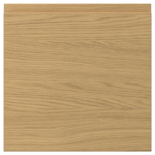 A VOXTORP oak-colored drawer front with smooth texture and integrated handles. It is square and made of particleboard with plastic edging.