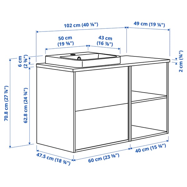 ÄNGSJÖN 엥셴 / BACKSJÖN 박셴 세면대/세면기, 참나무무늬/화이트 대리석 효과, 102x49x71 cm