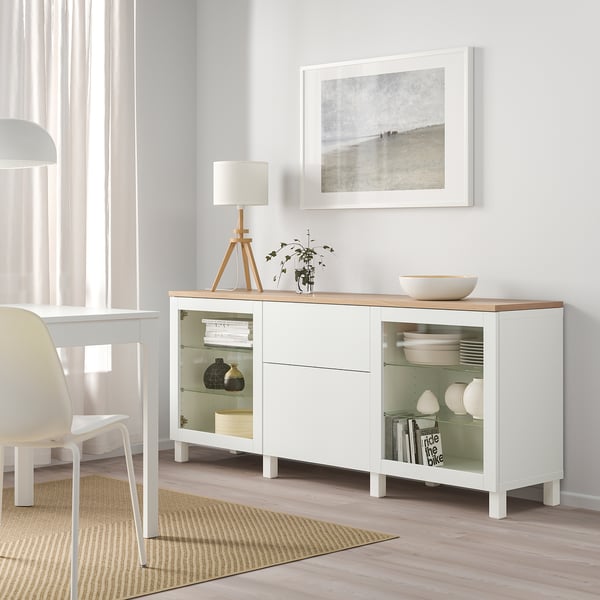 BESTÅ 베스토 수납콤비네이션+서랍, 신드비크 화이트/라프비켄/스투바르프 화이트, 180x42x76 cm
