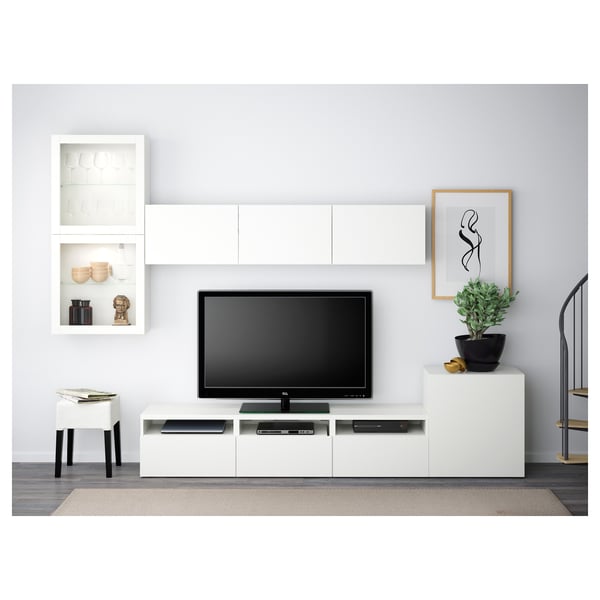 BESTÅ 베스토 TV수납콤비네이션/유리도어, 화이트/라프비켄 화이트투명유리, 300x42x211 cm