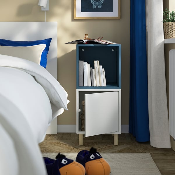 EKET 에케트 수납콤비네이션+다리, 화이트 다크그레이블루/목재, 35x35x80 cm