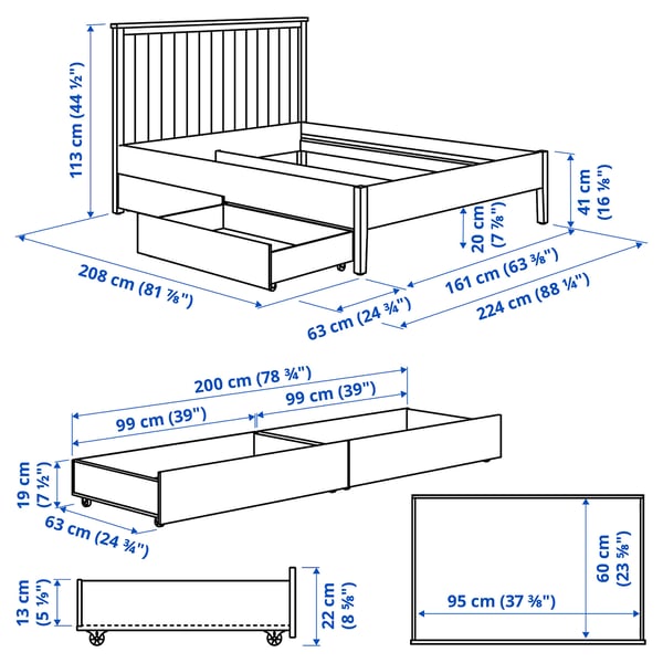 GULLABERG 굴라베리 침대프레임+수납상자2, 화이트/루뢰위, 150x200 cm
