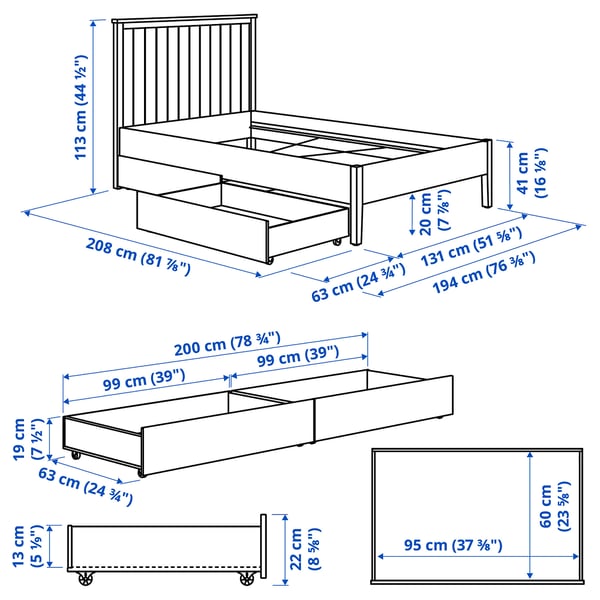 GULLABERG 굴라베리 침대프레임+수납상자2, 화이트/루뢰위, 120x200 cm