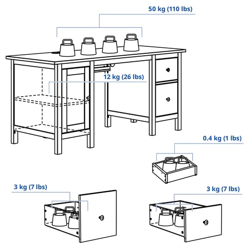 HEMNES 헴네스 책상, 화이트 스테인/라이트브라운, 155x65 cm