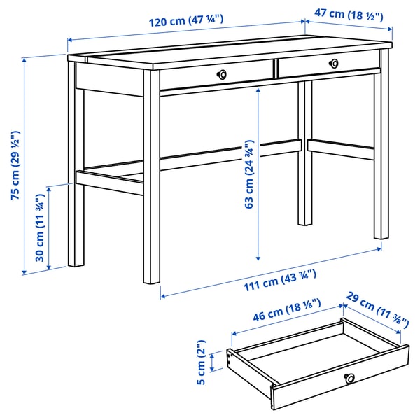 HEMNES 헴네스 책상+서랍2, 화이트 스테인/라이트브라운, 120x47 cm