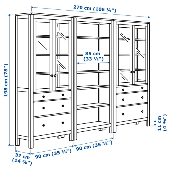 HEMNES 헴네스 수납콤비네이션+도어/서랍, 블랙브라운/라이트브라운, 270x198 cm
