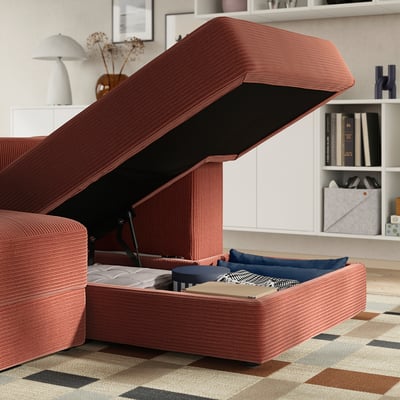 JÄTTEBO 예테보 4인용 모듈식 소파+긴 의자, 우측 머리받침/삼살라 레드브라운