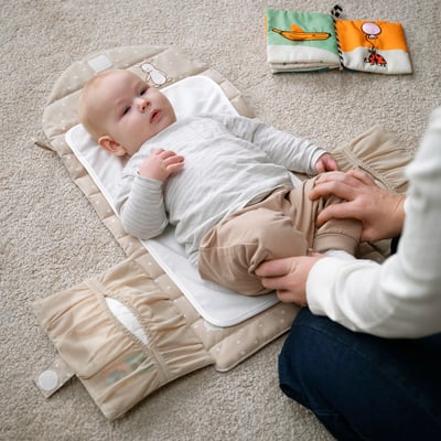 LEN 렌 기저귀교환매트, 베이지/도트 무늬 접이식, 70x35 cm