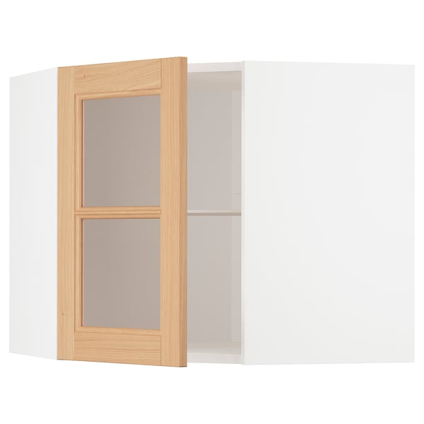 METOD 메토드 코너벽수납장+선반/유리도어, 화이트/베드함 참나무, 68x37x60 cm