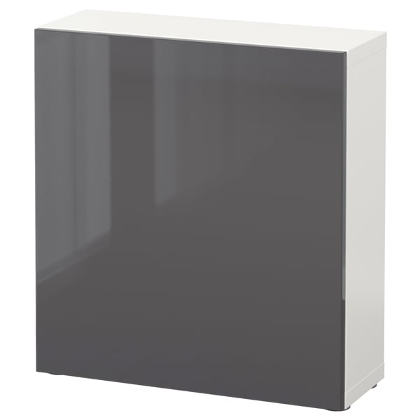 BESTÅ وحدة رف مع باب, أبيض/Selsviken رمادي/لامع, 60x22x64 سم