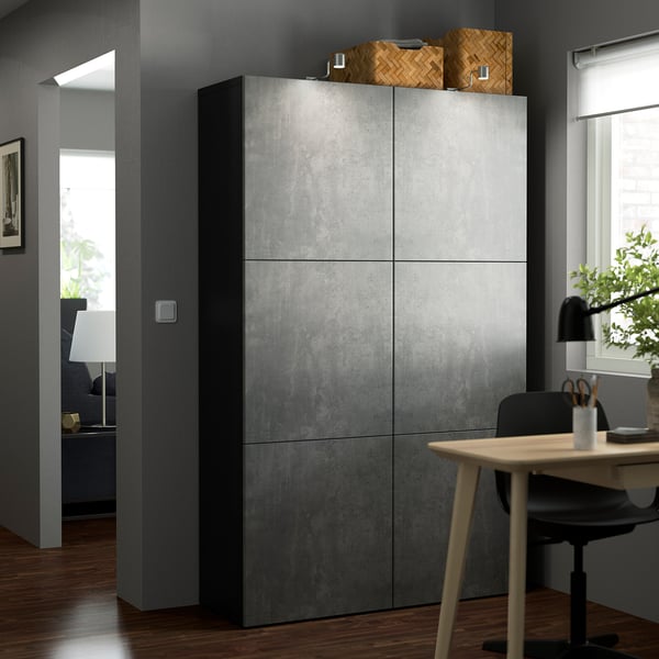 BESTÅ تشكيلة تخزين مع أبواب, أسود-بني Kallviken/رمادي غامق مظهر الخرسانة, 120x42x193 سم