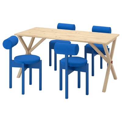 IKEA PS 2026 طاولة و 4 كراسي, صنوبر/Knäbäck أزرق ساطع, 156x75 سم