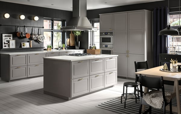 METOD قاعدة HAVSEN مع حوض/3 واجهات/درجين, أبيض/Bodbyn رمادي, 60x60 سم