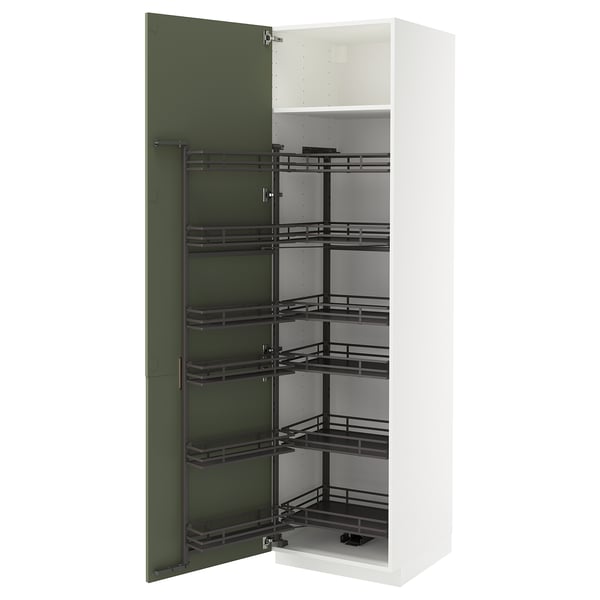 METOD خزانة عالية مع رف أطعمة يسحب للخارج, أبيض/Axstad رمادي-أخضر, 60x60x220 سم